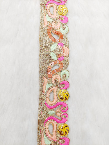 Cutwork Lace Trim With Intricate Hand Embroidered Swans In Pink and Zardozi Embroidery, Floral Trims, Sari Border